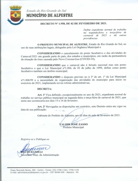  Decreto n° 1.958, de 02 de fevereiro de 2021 – Define expediente normal de trabalho nos dias 15 e 16 de fevereiro de carnaval
