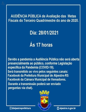 AUDIÊNCIA PÚBLICA de Avaliação das Metas Fiscais do Terceiro Quadrimestre do ano de 2020