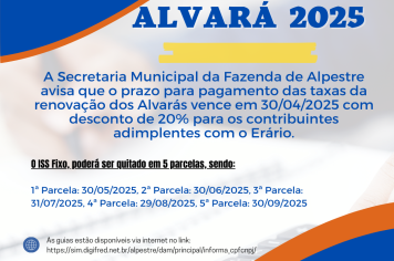 Aberto prazo para pagamento das taxas da renovação dos Alvarás