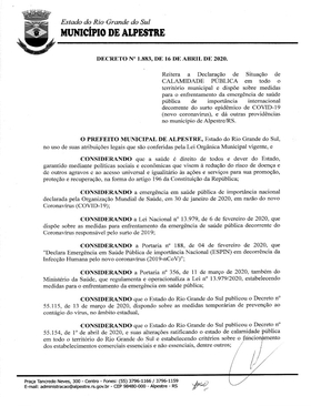 Decreto N° 1.883 de 16 de ABRIL de 2020 - Reitera a Declaração de Situação de CALAMIDADE PÚBLICA em todo o território municipal 